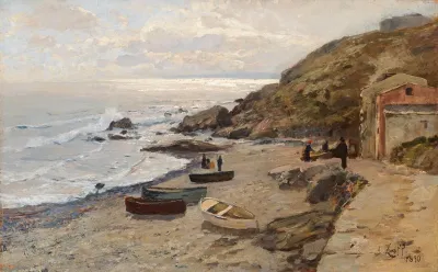 Abendstimmung Mit Fischern An Der Kuste