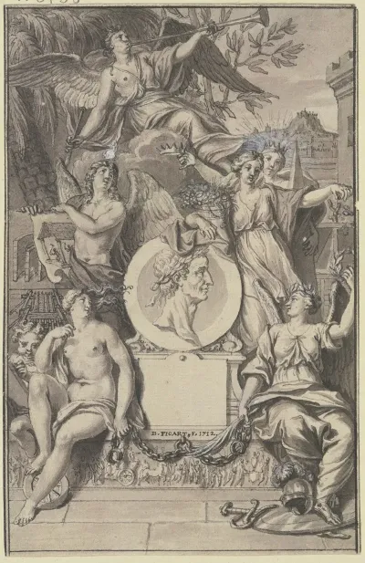 Abundantia Halt Das Medaillon Eines Mit Lorbeer Gekronten Mannes Oben Schwebt Ein Faun
