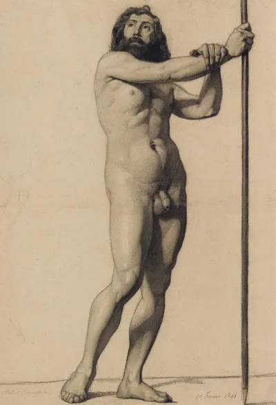 Academic Figure Study Male Nude Holding A Staff