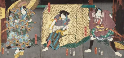 Actors In The Roles Of Yoshida No Matsuwaka Otomo Hitachinosuke And Yakko Kajihira