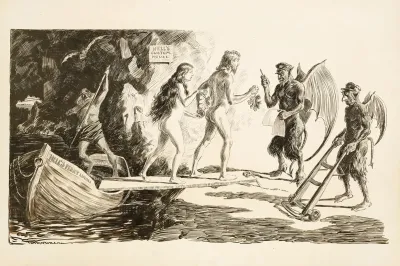 Adam And Eve Arrive At Hell And Have To Declare Their Fig Leaves And The Apple At The Custom House