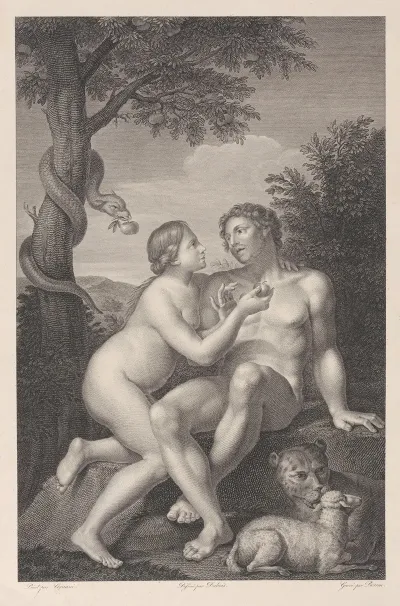 Adam And Eve Seated On A Rock With A Serpent Coiled Around A Tree At Left And A Lion And A Lamb At Right