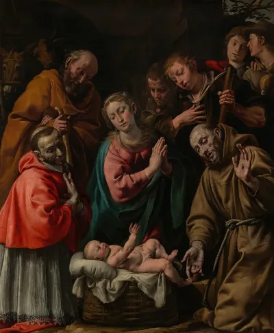 Adoration Of The Shepherds With Saints Francis And Saint Carlo Borromeo