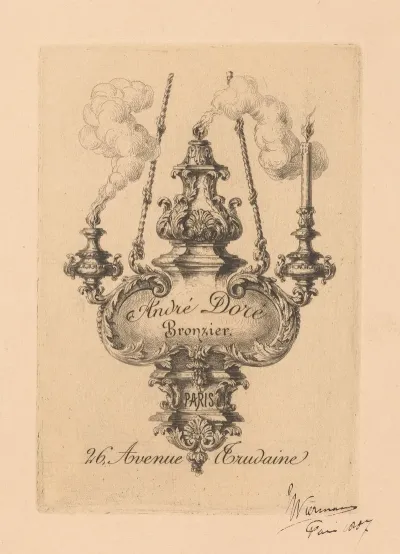 Adreskaart Voor Andre Dore Vervaardiger Van Bronzen Kunstvoorwerpen In Parijs