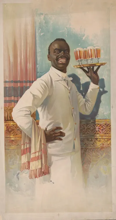 African American Waiter Smiling At The Viewer Holding A Tray Of Glasses Of Beer