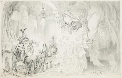 Aladdin Like Figure Wearing Hat Of Vested Interests Lounges On An Ottoman