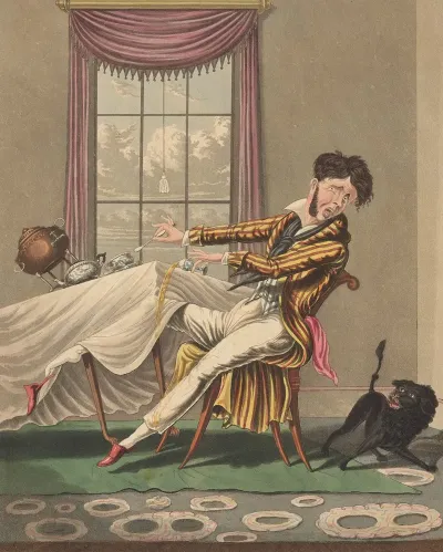 Alarmed Man Seated At Falling Table