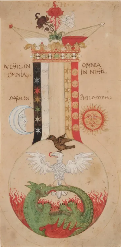 Alchemical Image From Aurora Consurgens Showing An Ouroboros Eagle And Dove In A Receptacle