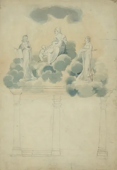 Allegorical Scene Of Female Figures In Clouds Atop Columns