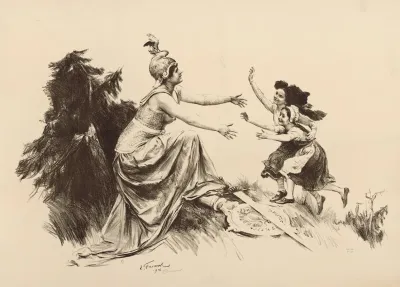 Allegorie Feminine Guerriere Pietinant Des Armes Allemandes Et Accueillant De Jeunes Enfants