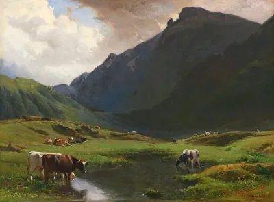 Alpine Landscape With Cows And Goats