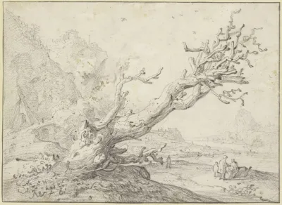 Alter Durrer Baum Queruber Nach Rechts Hangend Im Hintergrund Eine Flusgegend Mit Mehreren Figuren