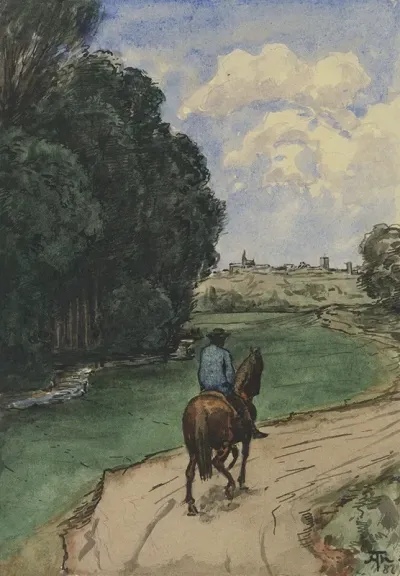 Am Waldesrand Reiter Auf Einem Wege Bildeinwarts