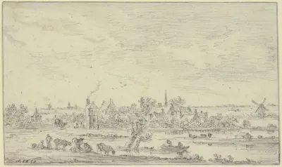 Am Wasser Ein Dorf Vorn Hirten Mit Vieh Auf Dem Wasser Ein Kahn Rechts Eine Windmuhle