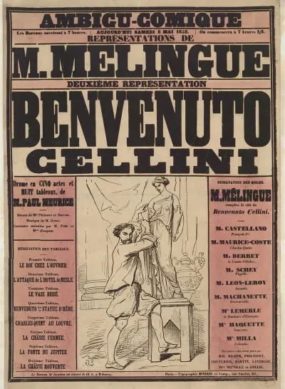 Ambigu Comique Aujourdhui Samedi 8 Mai 1858 Representations De M Melingue Deuxieme Representation Benvenuto Cellini