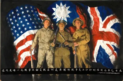 American Chinese And British Soldiers With Flags Of Their Countries