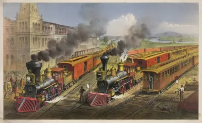 American Railroad Scene Lightning Express Trains Leaving The Junction