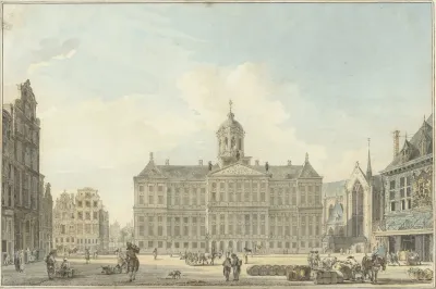 Amsterdam De Dam Met Het Stadhuis En De Waag