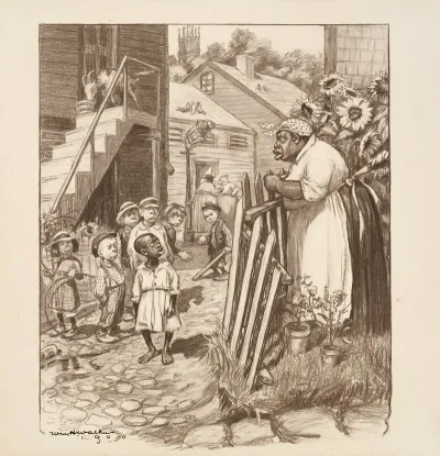 An African American Woman Talks Angrily To An African American Boy Who Is In The Street With A Group Of White Children
