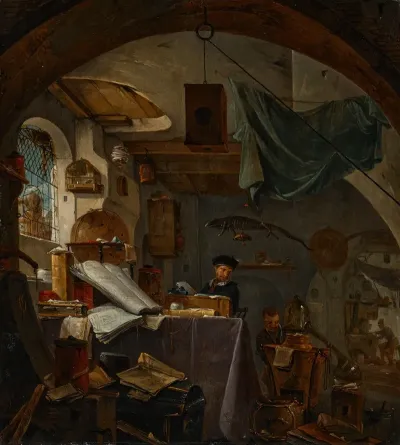 An Alchemist In His Study With Two Assistants In The Background
