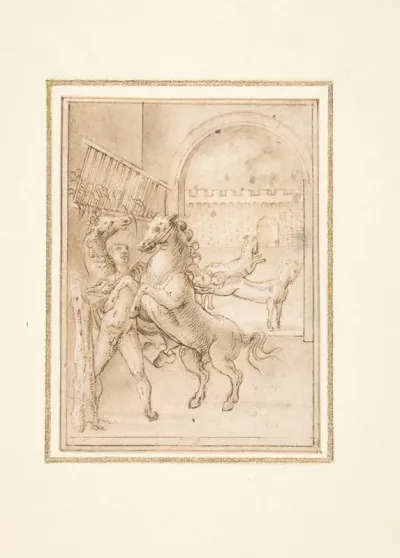 An Allegory Male Nude In A Stable With Four Wild Horses