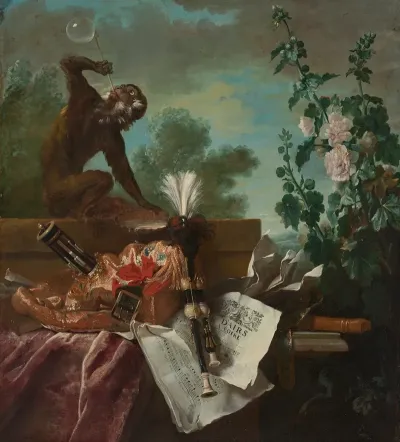 An Allegory Of Air A Musical Still Life With A Monkey Blowing Bubbles A Musette A Flute And Music Scores