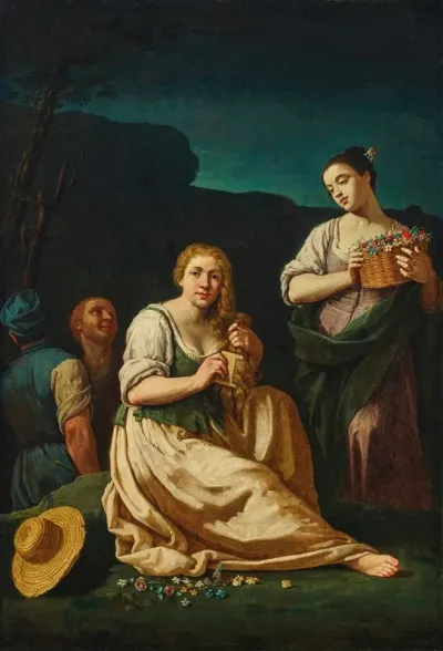 An Allegory Of Spring With A Young Woman Combing Her Hair And Another Holding A Basket Of Flowers In A Landscape