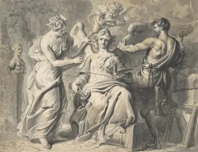 An Allegory Of The Arts With Isis And Geometry Attending The Three Headed Figure Of Painting And Sculpture A Putto Crowning Her With Laurels