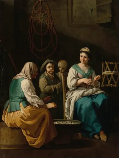 An Allegory Of Winter With A Young Woman Spinning In An Interior And An Old Woman And Children Warming Themselves Over A Brazier