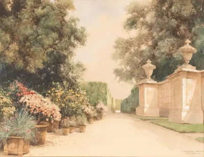 An Alley In The Grand Parterre Flower Pots And Part Of A Wall In Schonbrunn Park