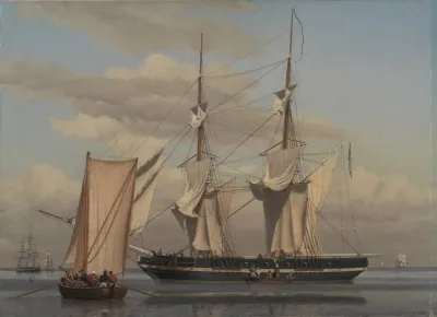 An American Naval Brig Lying At Anchor While Her Sails Are Drying