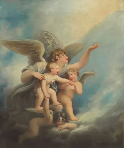 An Angel And Putti Accompanying A Childs Soul To Heaven