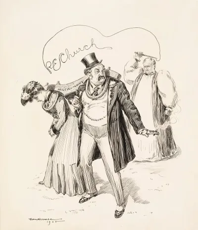 An Angry Man And A Sad Woman Are Yoked Together In Matrimony By A Priest In A Large Robe