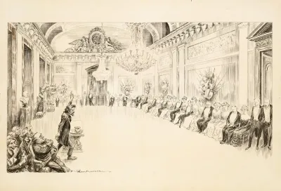 An Angry Man Speaks To A Row Of Seated Wealthy Men And Women In A Fancy Ballroom