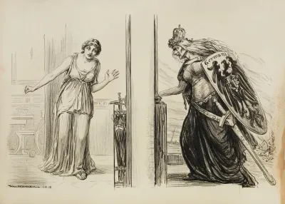 An Angry Old Woman In Armor Representing Germania Tries To Break Into The Room Of A Scared Young Woman