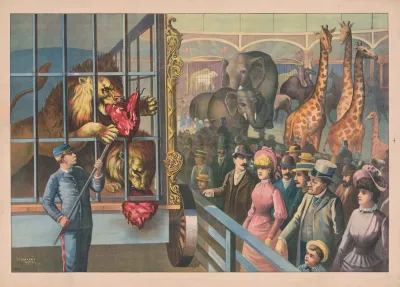 An Animal Keeper Feeding Raw Meat To Lions In A Circus Cage As Spectators Watch