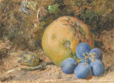 An Apple Grapes And A Hazelnut On A Mossy Bank