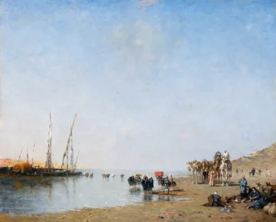 An Arab Caravan Resting Near The Shore