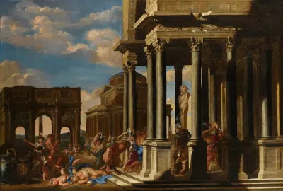 An Architectural Capriccio With A Bacchanalian Procession