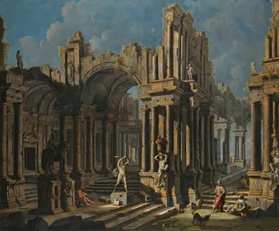 An Architectural Capriccio With A Statue Of Hercules And Figures In Classical Costume