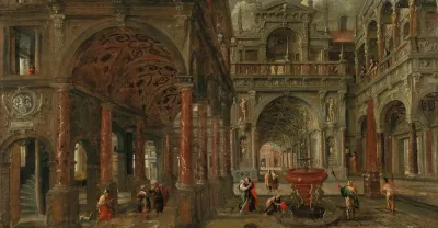 An Architectural Capriccio With A View Of An Imaginary Classical Palace And Elegant Figures