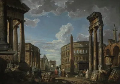 An Architectural Capriccio With Figures Among Roman Ruins