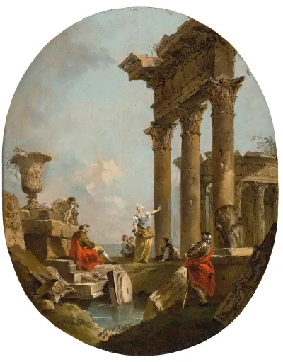 An Architectural Capriccio With Figures Amongst Classical Ruins A Temple Beyond