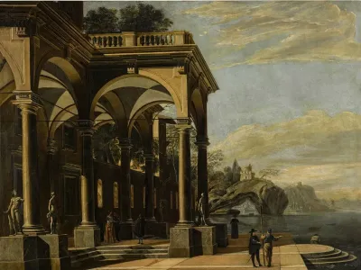 An Architectural Capriccio With Figures By A Colonnaded Portico A Castle On A Sea Arch And Coastal Village Beyond