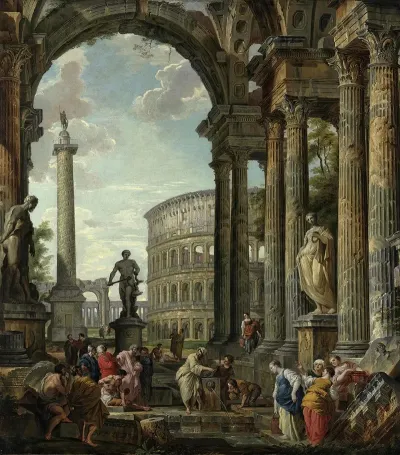 An Architectural Capriccio With The Philosopher Diogenes And Other Figures