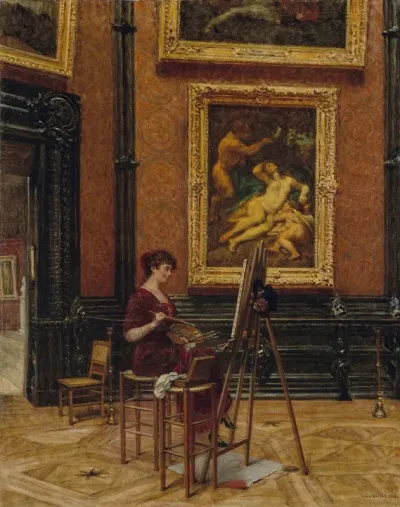 An Artist Copying The Painting Jupiter And Antiope By Correggio At The Louvre
