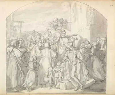 An Artist Drawing On Wall Of A Church Watched By A Crowd