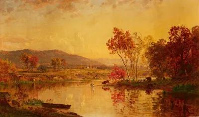 An Autumn Landscape With Cattle Watering At A River