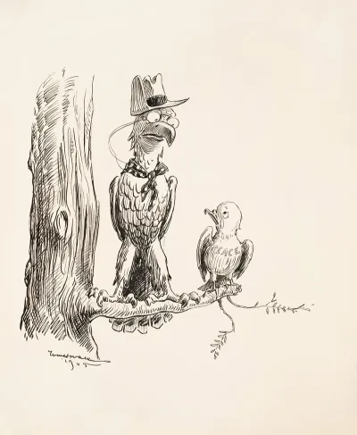 An Eagle Dressed Like Theodore Roosevelt Sits On A Branch With A Small Bird Representing Peace
