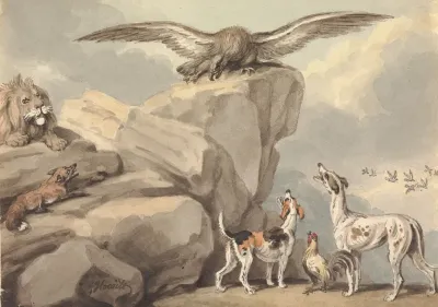 An Eagle Perched On A Rock Lion Fox Two Hounds And A Rooster